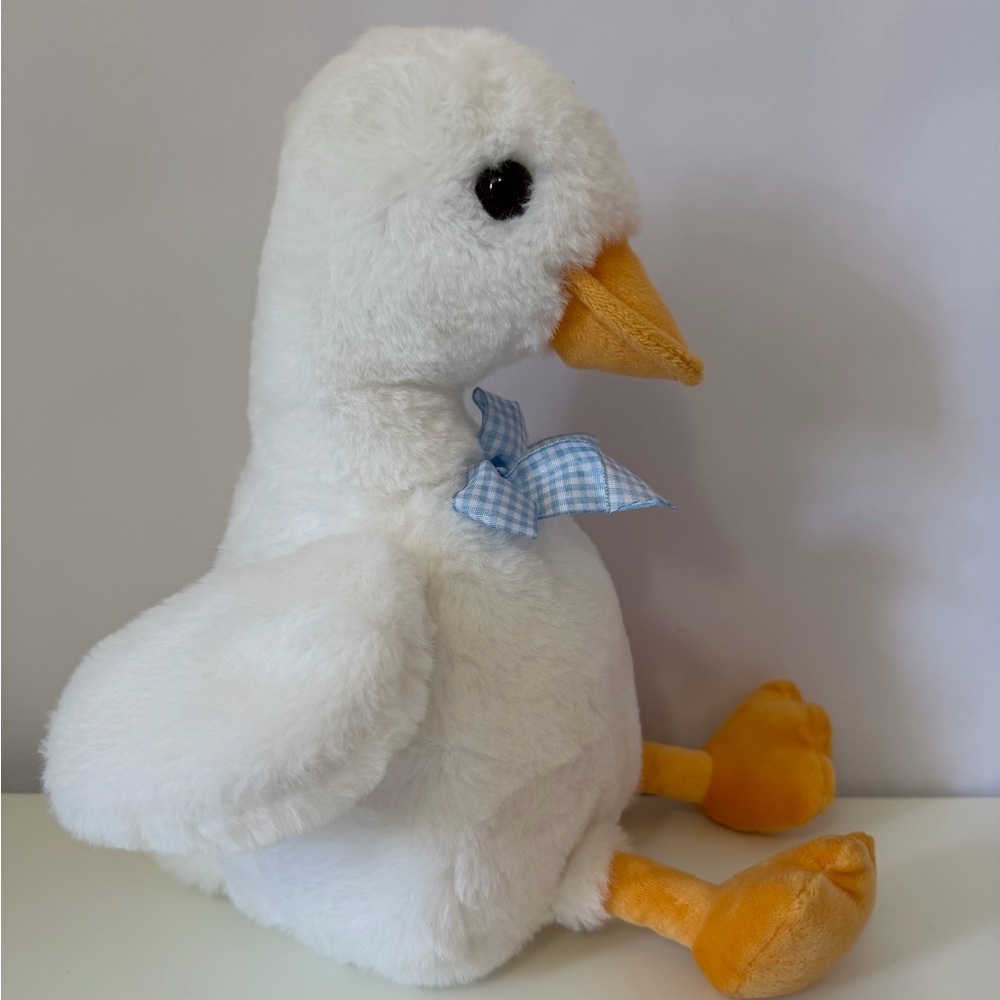 Plush White Duck Goose Stuffed Animal Blue Gingham Bow Farm Cottagecore Toy 12”
